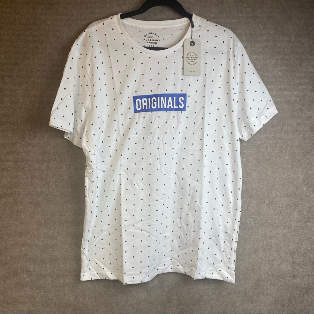 Jack and Jones Originals T Shirt Short Sleeve Polka Dot White Size Xl.